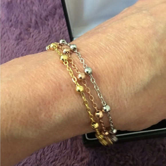 NEW TRICOLORED Rose, Yellow & White 14K Gold Over 925 3 Row Link Bracelet - Picture 6 of 7